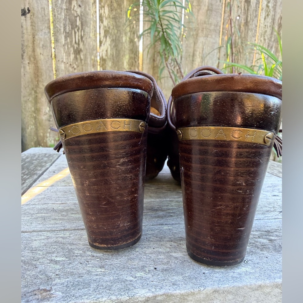 Coach Brown Leather Platform Mules with brass studs and accents. - Picture 3 of 15